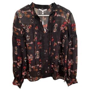 Derek Lam 10 Crosby Blouse Womens 8 Floral Silk Long Sleeve Cross-Stitch 70s NWT